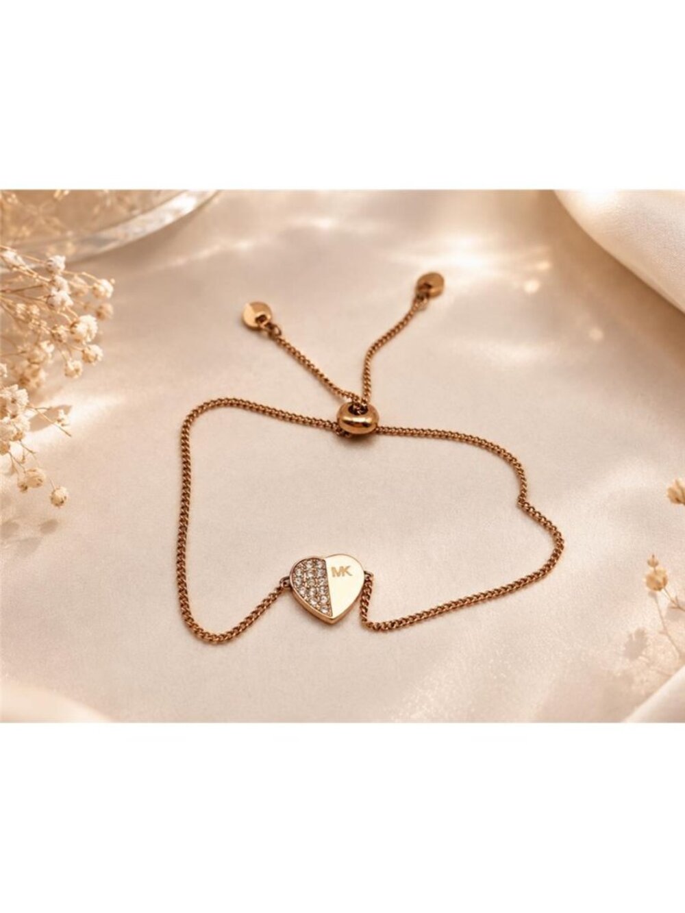 Michael Kors Rose Gold Tone Clear CZ Pavé Heart Slider Bracelet One Size
